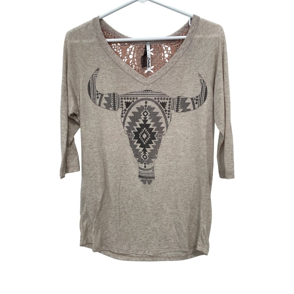 Petrol Aztec Cow Skull 3/4 Sleeve Top Womens M Crochet Lace Back Neutral Western